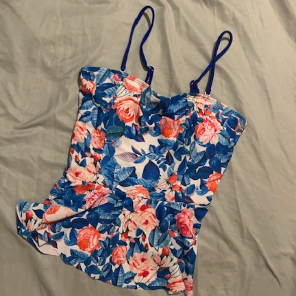 womens medium bikini top tank swim suit blue floral pink  top swimsuit swimming
